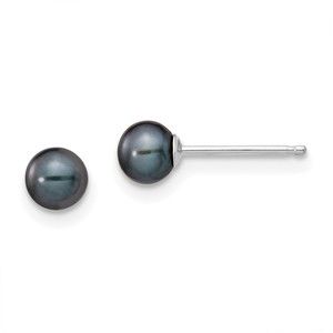 14k White Gold 4-5mm Black Round FW Cultured Pearl Stud Post Earrings